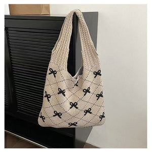 Bow High Sense Light Luxury Minority Shoulder Bag Casual Knitted Woven Bag - Zambeel