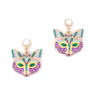 Cartoon Nine - Tailed Cat Face Alloy Earrings Inlaid With Colorful Diamonds - Zambeel