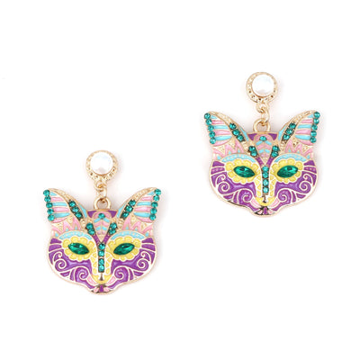 Cartoon Nine - Tailed Cat Face Alloy Earrings Inlaid With Colorful Diamonds - Zambeel
