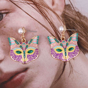 Cartoon Nine - Tailed Cat Face Alloy Earrings Inlaid With Colorful Diamonds - Zambeel