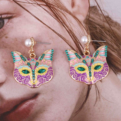 Cartoon Nine - Tailed Cat Face Alloy Earrings Inlaid With Colorful Diamonds - Zambeel