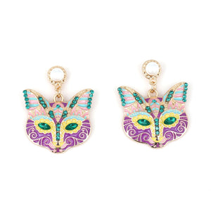 Cartoon Nine - Tailed Cat Face Alloy Earrings Inlaid With Colorful Diamonds - Zambeel
