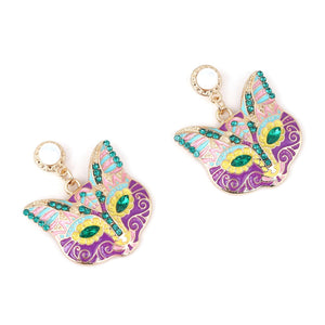 Cartoon Nine - Tailed Cat Face Alloy Earrings Inlaid With Colorful Diamonds - Zambeel