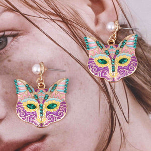 Cartoon Nine - Tailed Cat Face Alloy Earrings Inlaid With Colorful Diamonds - Zambeel