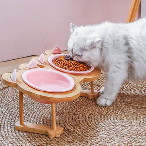 Ceramics Puppy Cat Dog Pet Single And Double Food Bowl For Eating And Drinking With Wooden Frame Pets Supplies Feeding Dish - Zambeel
