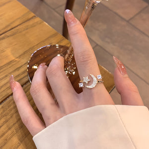 Chic Star Moon Rhinestone Ring, Retro & Minimalist Style, Daily Party Wear, Ideal Ramadan Gift - Zambeel