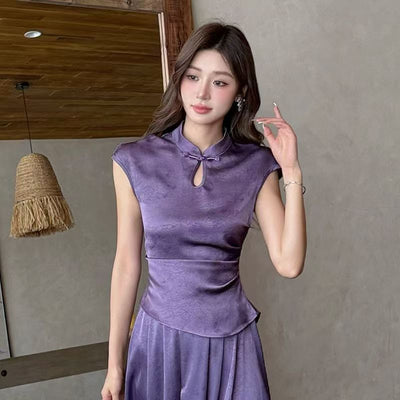 Chinese - style Purple Top And Skirt Two - piece Set - Zambeel