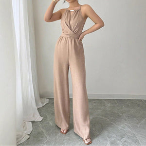 Cinched Waist Sleeveless Tie Up Halter Neck Off Shoulder Comfortable Jumpsuit - Zambeel