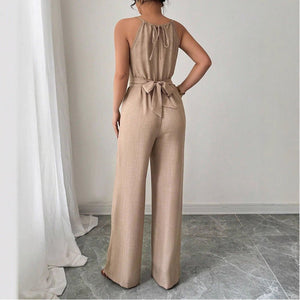 Cinched Waist Sleeveless Tie Up Halter Neck Off Shoulder Comfortable Jumpsuit - Zambeel