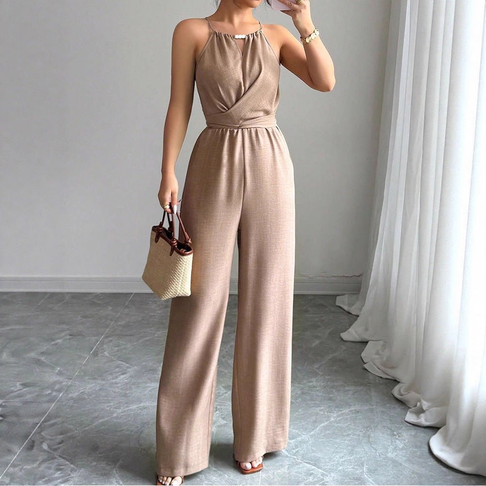 Cinched Waist Sleeveless Tie Up Halter Neck Off Shoulder Comfortable Jumpsuit - Zambeel