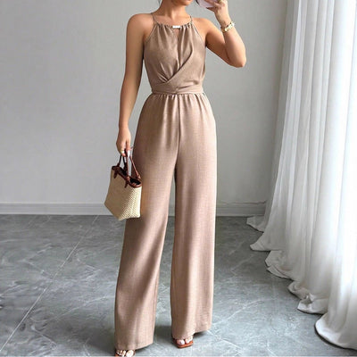 Cinched Waist Sleeveless Tie Up Halter Neck Off Shoulder Comfortable Jumpsuit - Zambeel