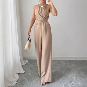 Cinched Waist Sleeveless Tie Up Halter Neck Off Shoulder Comfortable Jumpsuit - Zambeel