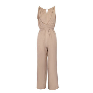 Cinched Waist Sleeveless Tie Up Halter Neck Off Shoulder Comfortable Jumpsuit - Zambeel