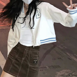 Collegiate - style Loose - fitting Cropped Baseball Jacket With Embroidery - Zambeel