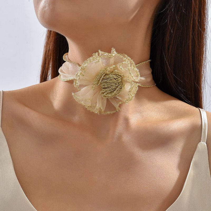 Creative Personalized Minority Fabric Three - dimensional Flower Lace Necklace Female Trend Transparent Mesh Clavicle Pendant - Zambeel