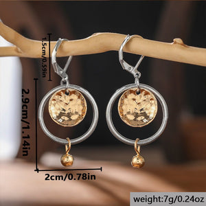 Creative Retro Womens Two - Tone Hammered Disc Pendant Earrings - Zambeel