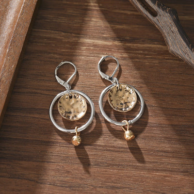 Creative Retro Womens Two - Tone Hammered Disc Pendant Earrings - Zambeel