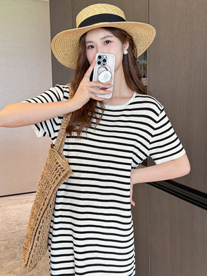 Crew - neck Short - sleeve Striped Dress For Petite Figures - Zambeel