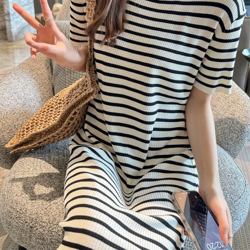 Crew - neck Short - sleeve Striped Dress For Petite Figures - Zambeel