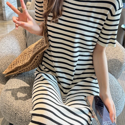 Crew - neck Short - sleeve Striped Dress For Petite Figures - Zambeel