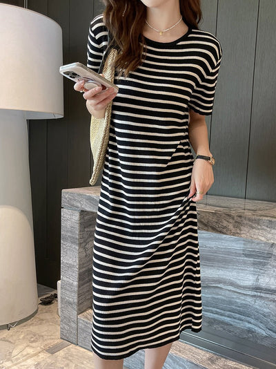 Crew - neck Short - sleeve Striped Dress For Petite Figures - Zambeel