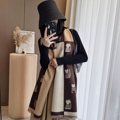 Cute Kitten Plaid Contrast Color Cashmere Shawl Scarf - Zambeel