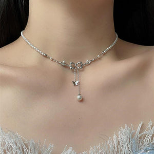 Delicate Minimalist Pearl Necklace With A Bow - tie Tasselluxury Yet Understated Perfect For Women - Zambeel