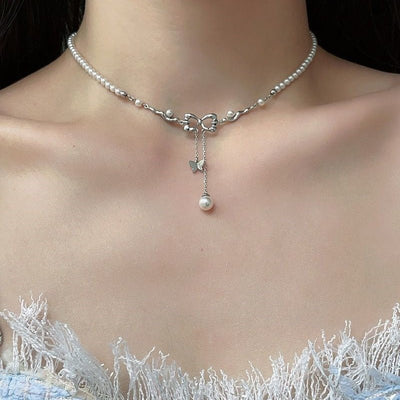 Delicate Minimalist Pearl Necklace With A Bow - tie Tasselluxury Yet Understated Perfect For Women - Zambeel