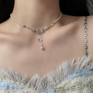 Delicate Minimalist Pearl Necklace With A Bow - tie Tasselluxury Yet Understated Perfect For Women - Zambeel