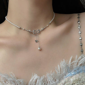 Delicate Minimalist Pearl Necklace With A Bow - tie Tasselluxury Yet Understated Perfect For Women - Zambeel