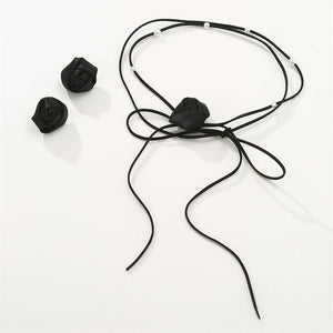 Denim Camellia Beaded Lace - up Necklace And Earrings Suite - Zambeel