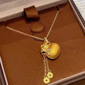 Diamond - studded Bowknot Lucky Bag Tassel Coin Necklace - Zambeel