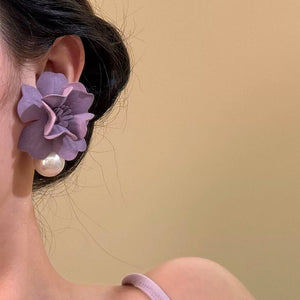 Dreamy Ethereal Sweet Purple Flower Pendant With Pearl Stud Earrings - Zambeel