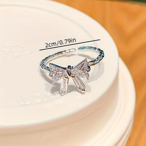 Elegant Adjustable Women's Bowknot Open Ring, Sparkling Rhinestone Details, Alloy, Perfect Gift For Her, Ideal For Daily Wear & Special Occasions - Zambeel