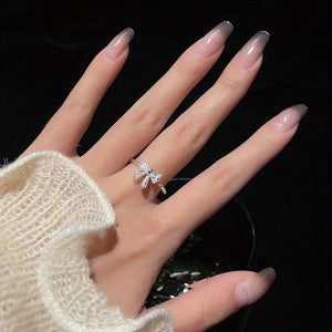 Elegant Adjustable Women's Bowknot Open Ring, Sparkling Rhinestone Details, Alloy, Perfect Gift For Her, Ideal For Daily Wear & Special Occasions - Zambeel