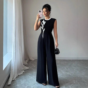 Elegant Embroidered Black Crew - Neck Sleeveless Wide - Leg Jumpsuit - Zambeel