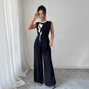 Elegant Embroidered Black Crew - Neck Sleeveless Wide - Leg Jumpsuit - Zambeel