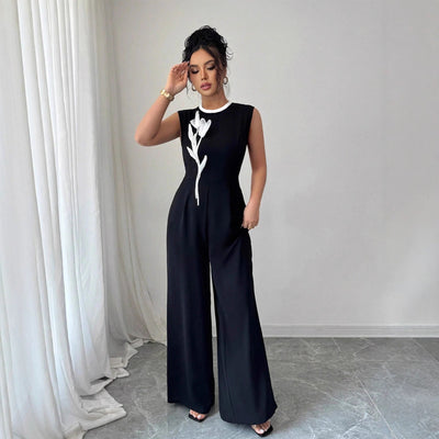 Elegant Embroidered Black Crew - Neck Sleeveless Wide - Leg Jumpsuit - Zambeel