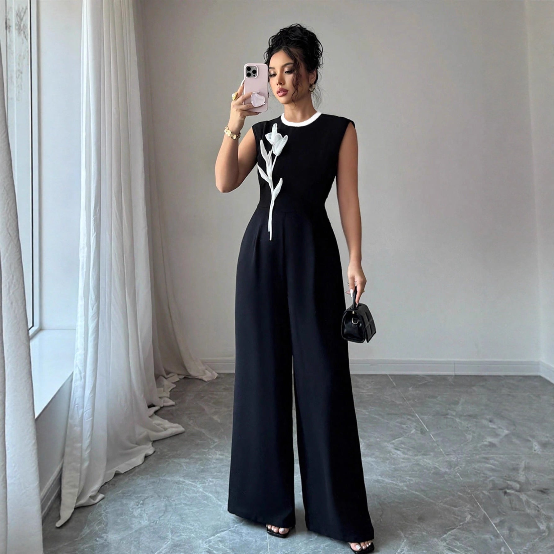 Elegant Embroidered Black Crew - Neck Sleeveless Wide - Leg Jumpsuit - Zambeel