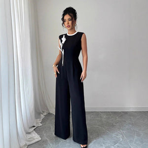 Elegant Embroidered Black Crew - Neck Sleeveless Wide - Leg Jumpsuit - Zambeel