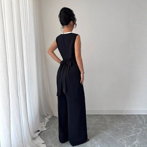 Elegant Embroidered Black Crew - Neck Sleeveless Wide - Leg Jumpsuit - Zambeel