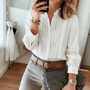 Elegant Lace - trimmed Stand Collar Hollow - out Long - sleeve White Shirt - Zambeel