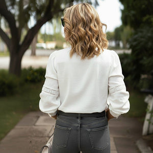 Elegant Lace - trimmed Stand Collar Hollow - out Long - sleeve White Shirt - Zambeel