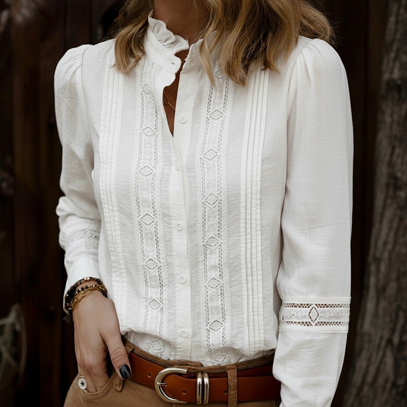Elegant Lace - trimmed Stand Collar Hollow - out Long - sleeve White Shirt - Zambeel