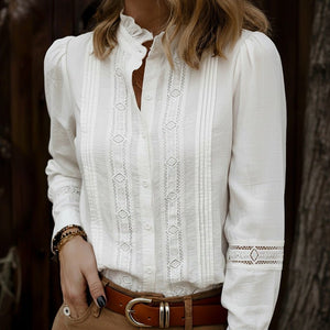 Elegant Lace - trimmed Stand Collar Hollow - out Long - sleeve White Shirt - Zambeel
