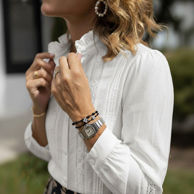 Elegant Lace - trimmed Stand Collar Hollow - out Long - sleeve White Shirt - Zambeel