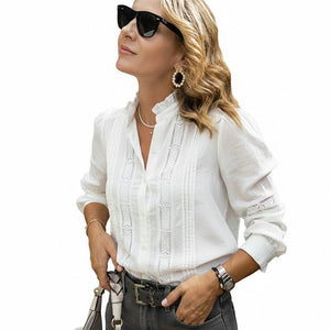 Elegant Lace - trimmed Stand Collar Hollow - out Long - sleeve White Shirt - Zambeel