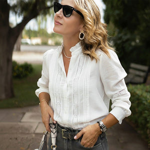 Elegant Lace - trimmed Stand Collar Hollow - out Long - sleeve White Shirt - Zambeel