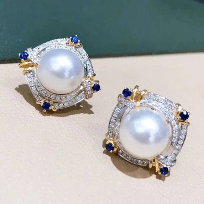 Elegant Two - tone Faux Pearl Stud Earrings With A Geometric Diamond Shape - Zambeel