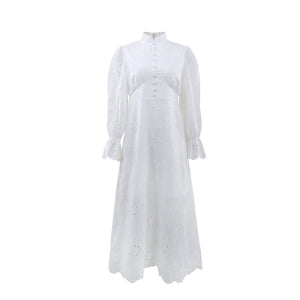 Elegant Vacation Long - Sleeve Hollow - Out Waist - Cinching Button Dress - Zambeel